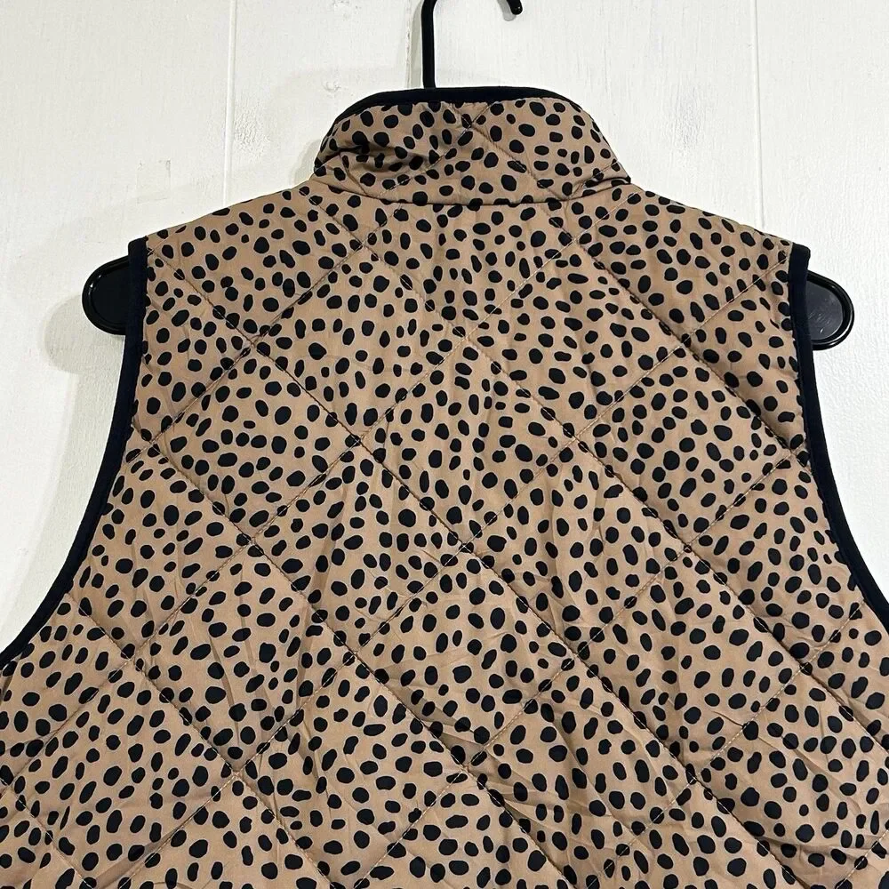 J. Crew Women's Animal Print Quilted Puffer Vest Size M Snap Pockets Zip Clouser